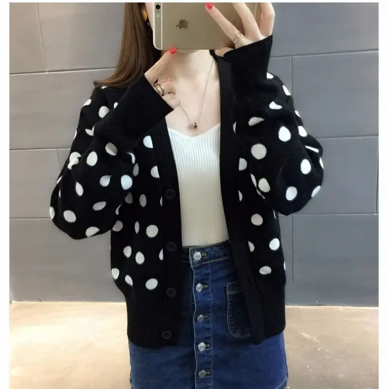 New Knitted Cardigan Jacket for Womenshort Style with Dotted Long Sleeves Loose Fitspring and Autumn Sweaters Versatile Top