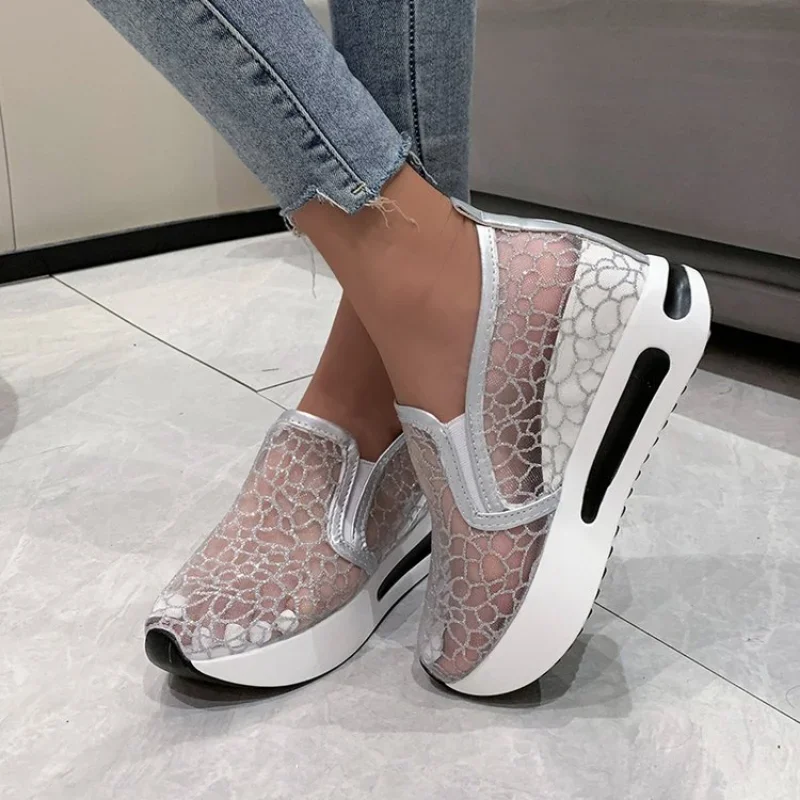 Platform Wedges Women\'s Sneakers Floral Embroidery Mesh Sneakers for Women Slip on Casual Comfy Heeled Shoes Woman