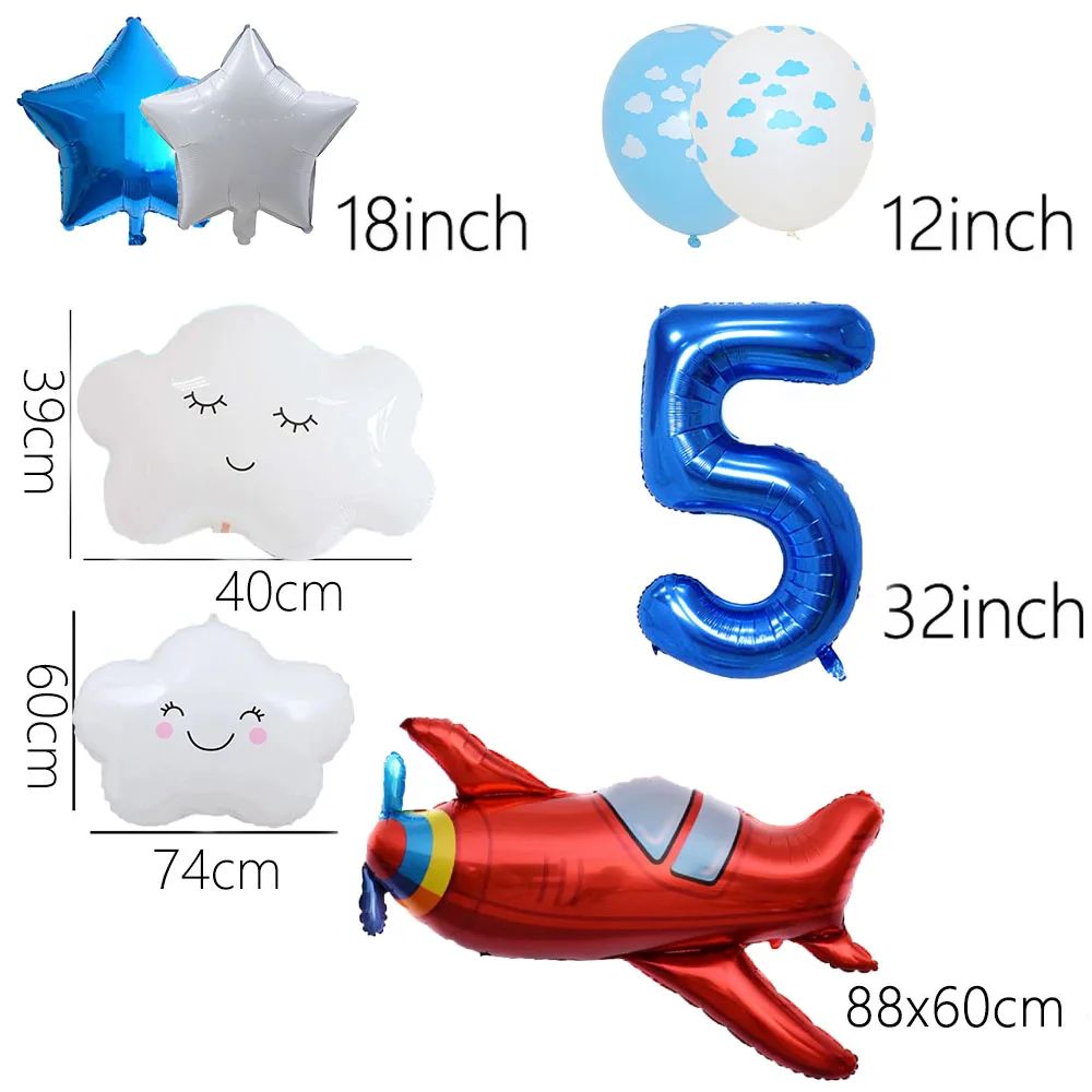 10pcs Airplane Balloon 32 inch Number Foil Balloons 1st Kids Aircraft Theme Birthday Party Decorations Boy Pilot Favors