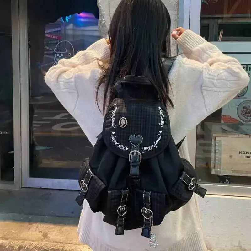 New jean Korean Style Black Backpacks Drawstring Casual Students Bag Chic Large Capacity Tote Bag Heart Y2k Plaid Backpack Girls