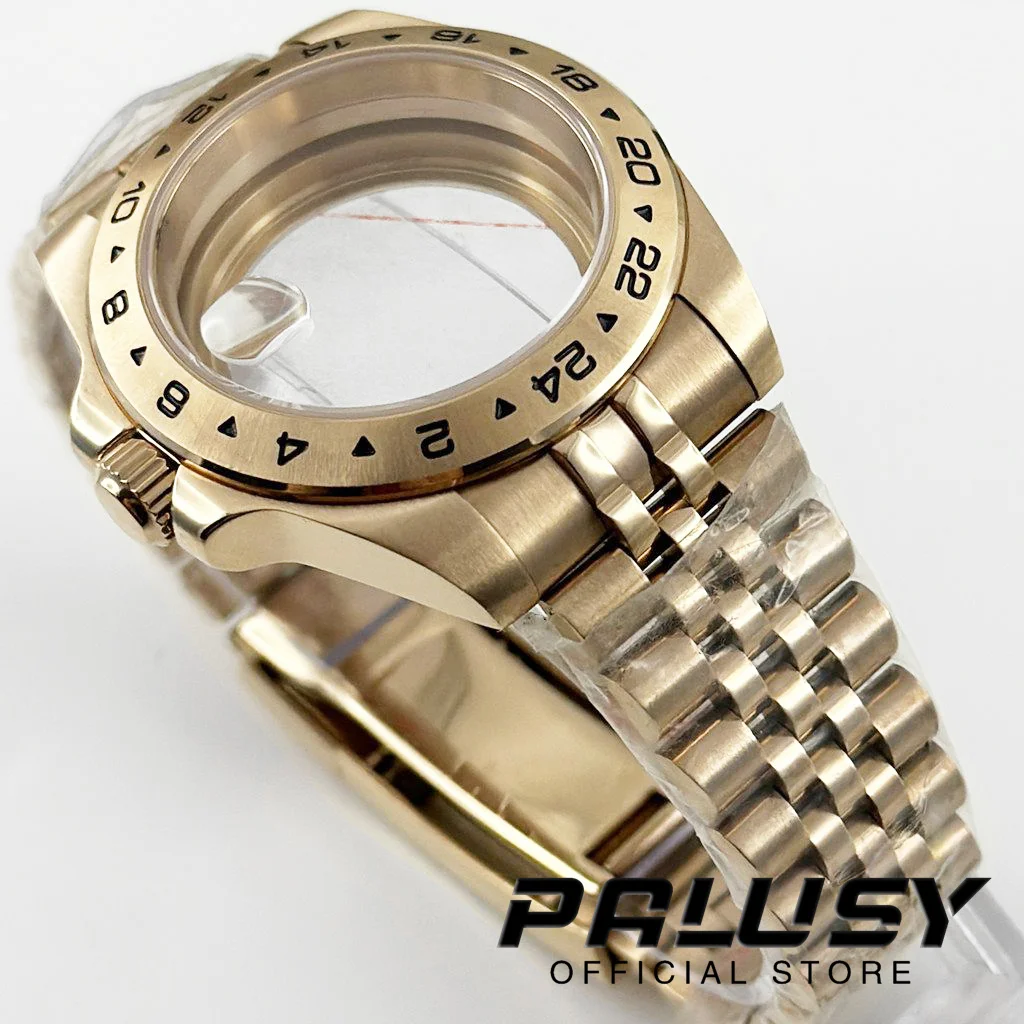 NH35 40MM Ouro Rosa EXP 24 Horas GMT Caixa de Relógio Sólido Glide Lock Fecho Vidro Safira Para NH34 NH35 NH36 NH38 ETA2824 Movimento