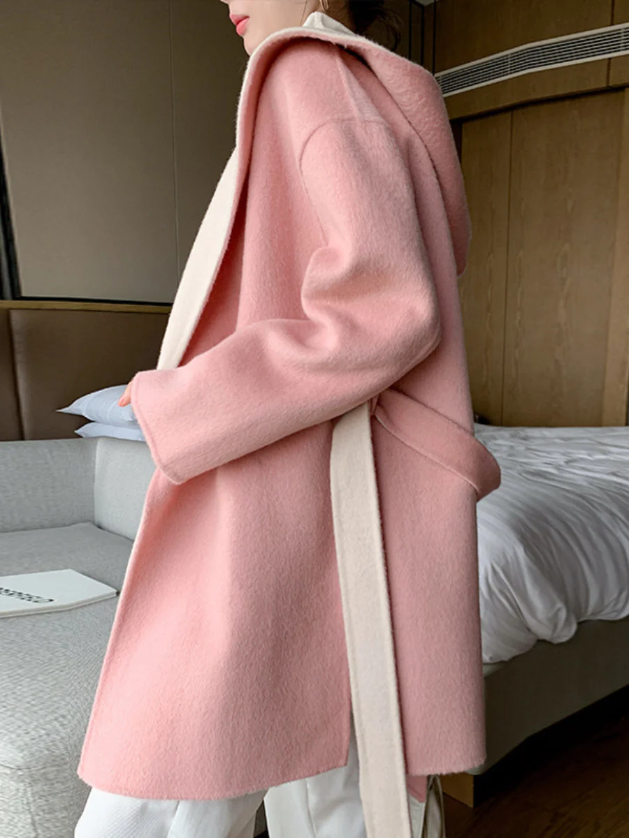 Pink Double-Faced High-End Cashmere Overcoat Female 2023 Winter New Korean Belt Waist Slim Mid-Length Hooded Woolen Coat Women