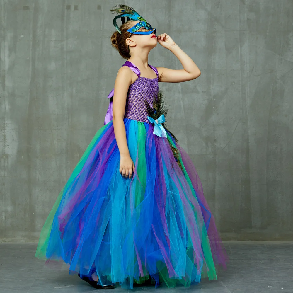 Halloween Peacock Tulle TuTu Dress Girls Feather Decor Mesh Princess Skirt Kids Gala Assembly Elegant Soft Fabric Formal Attire