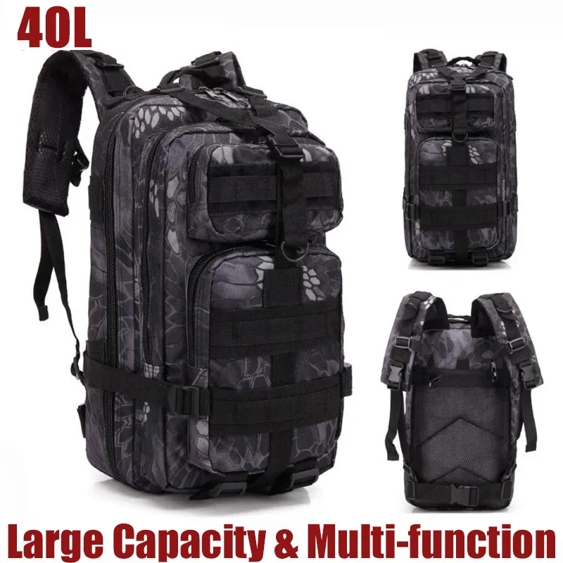 Sacs à dos tactiques 40L pour homme, sacs de survie pour la randonnée en plein air, sacs à dos 3P pour l'escalade, la chasse, la pêche, la randonnée, sac à dos tactique en nylon