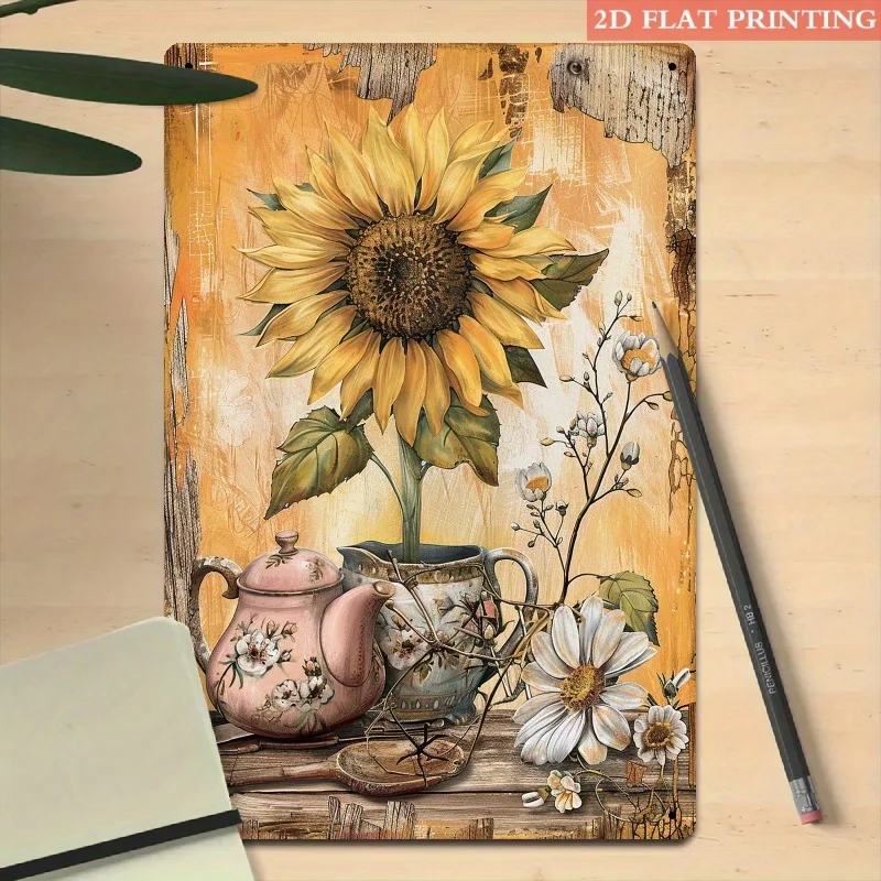 Vintage-Sonnenblumen-Teekanne-Metallschild aus Eisen, 20,3 x 30,5 cm, Retro-Wanddekoration, Blechschild für Garten, Terrasse