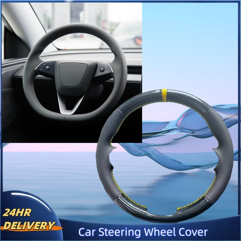 

Customized Hand-stitched Carbon Fiber Genuine Leather Steering Wheel Cover For Tesla New Model 3 Highland 2024 Car Accessories