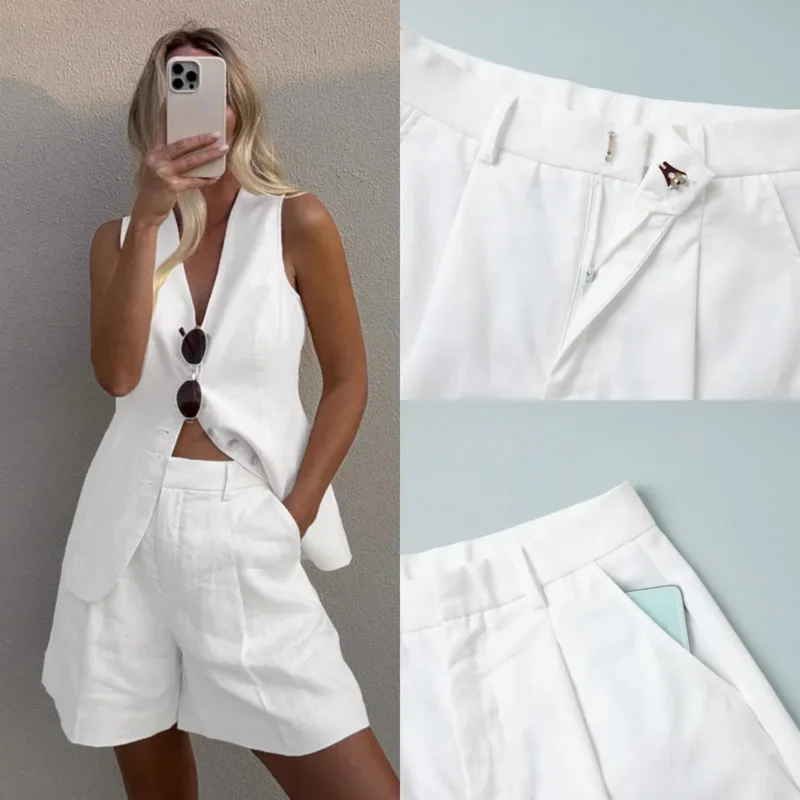 

Women Cotton Linen Vest Shorts Set Sleeveless V Neck Button Waistcoat Top Loose Shorts Suit Summer Casual Commuter Office Outfit