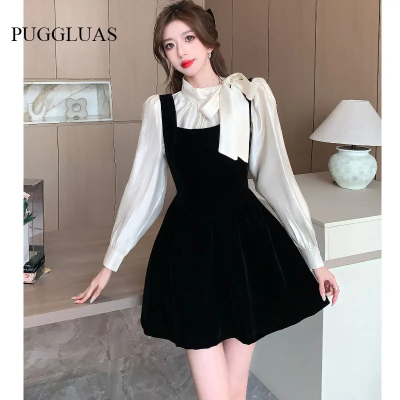 

Vintage Women Black Matching Set French Chic Bowtie Blouse+ Strap A Line Velvet Dress Fashion 2PCS Set Korea Office Lady Outfits