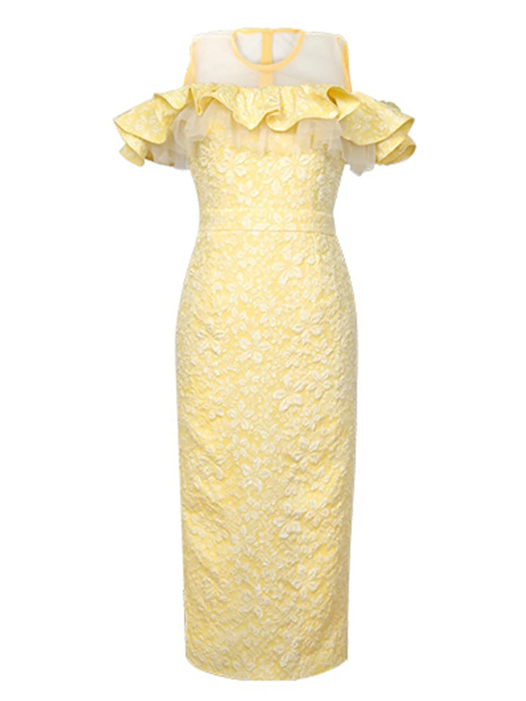여성 의류 노란색 자카드 러플 섹시한 오프숄더 슬림 이브닝 드레스 우아한 여성 패션 파티 프롬 생일 드레스 신상품