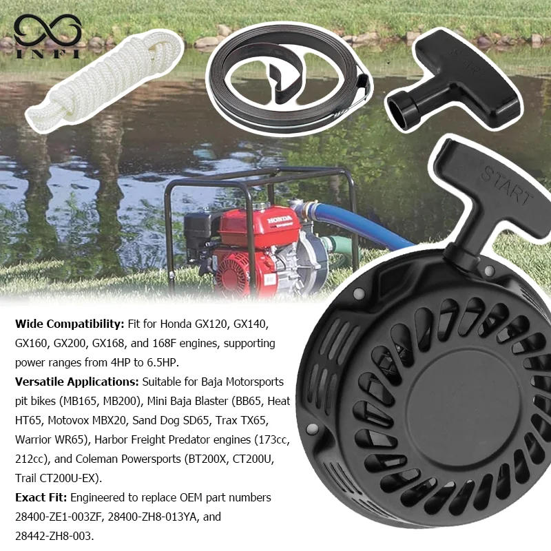 Recoil Starter Assembly for Lawn Mowers, with Additional Pull Cord and Spring, Suitable for GX Champion Series, 212cc, 4HP~6.5HP