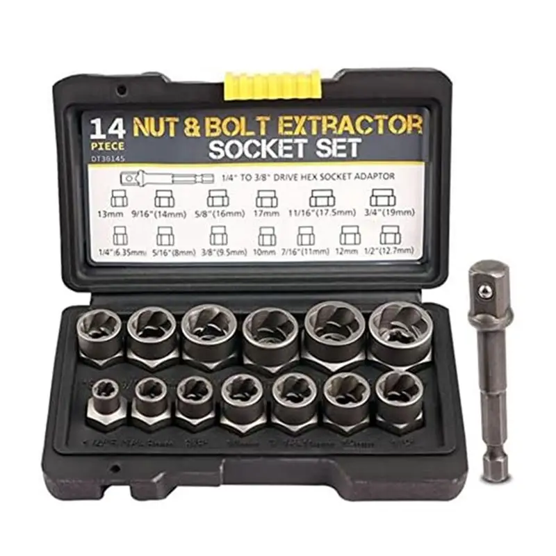 14 PCS Lug 3/8Inch Drive Impact Bolt Nut Extractor Set Black Steel Nut Remover Kit 1/4Inch-3/4Inch Twist Socket Tool Set-AT30