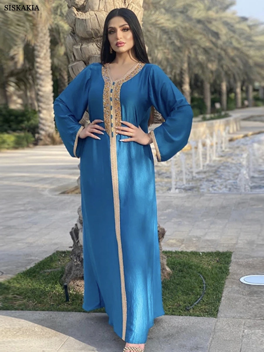 Siklakia Dubai flanel berlian padat pita Trim Abaya Turki pakaian pesta malam lengan panjang V-Neck gaun kasual wanita Teluk