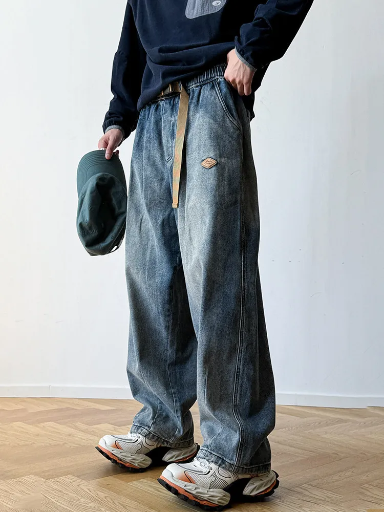 

Retro American Waed 3OZ Elastic Jeans Men Loose Tee-Dimensional Wide Leg Pants Trendy Cotton Polyester Blend Casual
