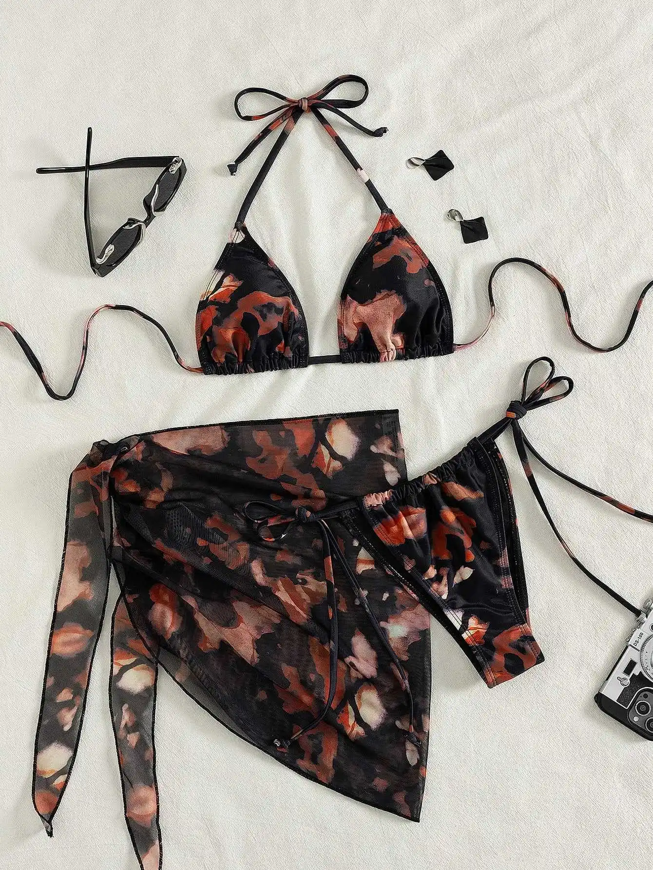 sexy flower print halter tie micro bikinis sets 3pcs with mesh cover skirt swimsuits bathing suit beach outfits biquini tankini
