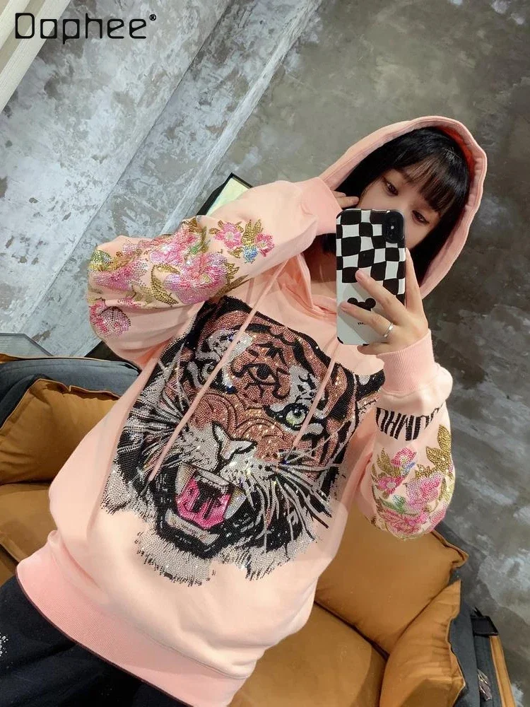 Hoodies Women 2023 Fall Winter Hooded Lotus Root Pink with Diamond Peony Flower Tiger Head Heavy Industry Fashion Sweatshirts