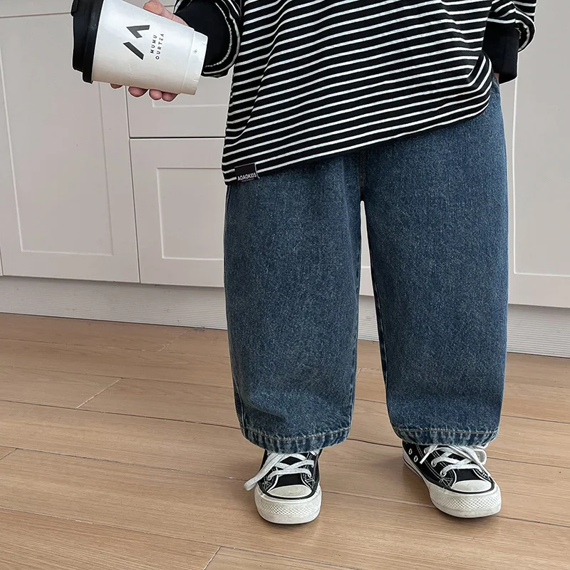 2024 Spring Kids Pants solid color loose straight jeans Boys and girls all-match casual denim trousers