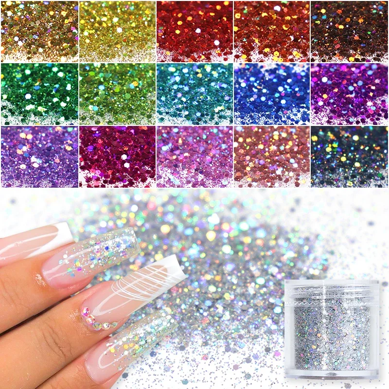 Holographic Nail Glitter Laser Color Nails Art Flakes Mixed Size Hexagon Chunky Iridescent DIY Accessories Polish Manicure Decor