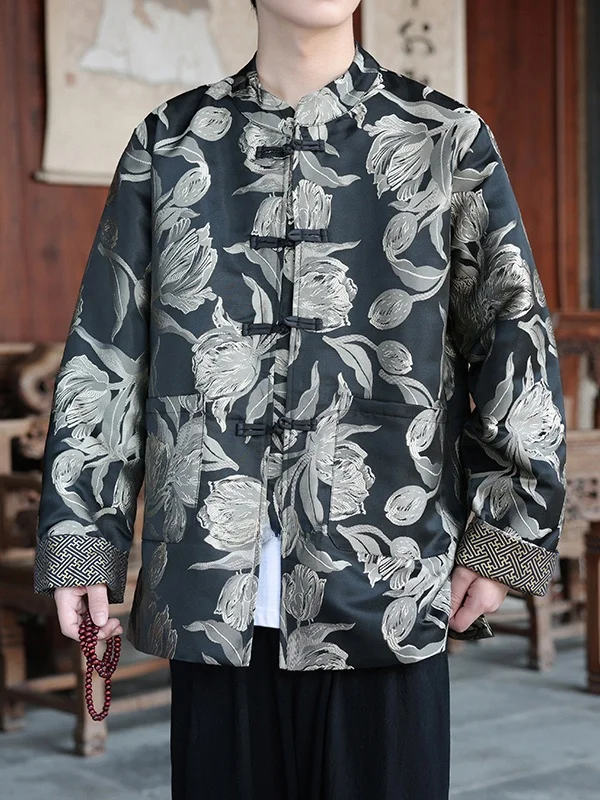 جديد 2025 بدلة تانغ للرجال Jaet عتيقة صينية Sle طويلة Sve بأزرار حتى ملابس خارجية فضفاضة تناسب الأزهار والتطريز منتصف العمر...