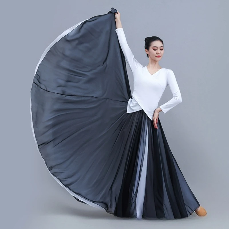 Fashion Women Classical Dance Big Pendulum Chiffon Long Skirt Elegant Female Double Layer Two Colors Two Sides Wear Thin Skirt
