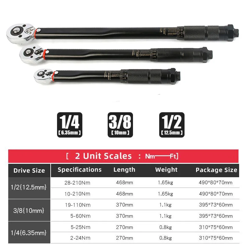 2-210N.m Torque Wrench 1/2\'\' 3/8\'\' 1/4\'\' Square Drive Preset Bicycle Torques Key Two-way Ratchet Car Bike Automotive Hand Tools