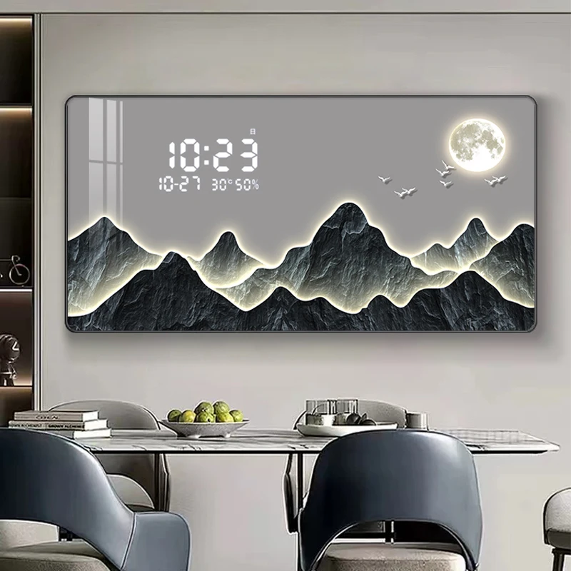 

Современные легкие роскошные настенные часы для гостиной, новая столовая, декоративная живопись, цифровой дисплей, вечный календарь, бесшумные часы