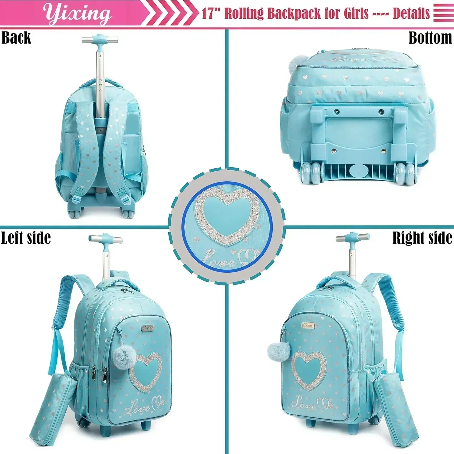 Children's Wheeled Backpack Bag Set with Lunch Box School Rolling Backpack Bag with Wheels School Trolley Backpack Bag for Girls