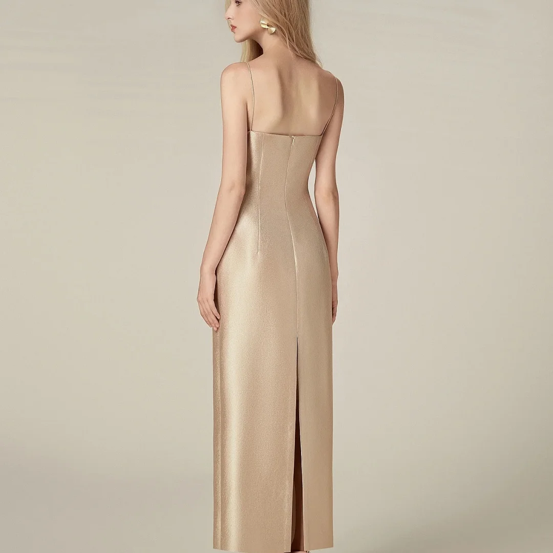 Customized High Quality Satin Straight Spaghetti Straps Evening Dresses Strapless Sleeveless Zipper Back Celebrity Gow