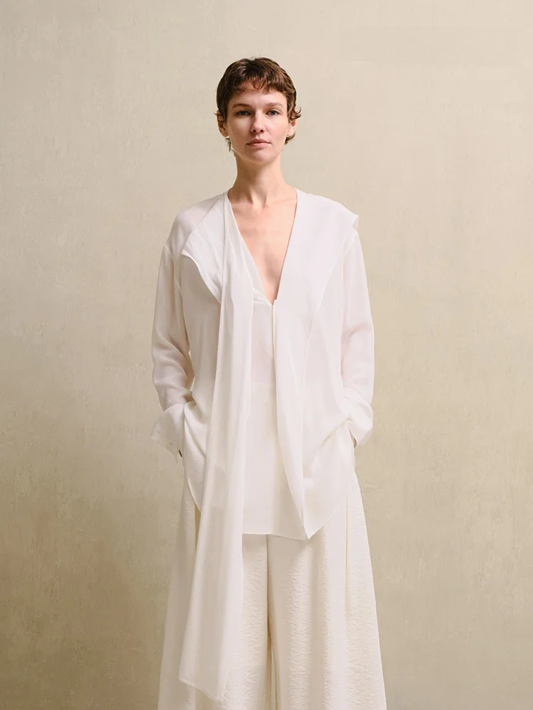 

100% шелковая блузка с длинным рукавом, воротником-стойкой и скрытой планкой на пуговицах, повседневная, свободного кроя, женская, весенняя мода