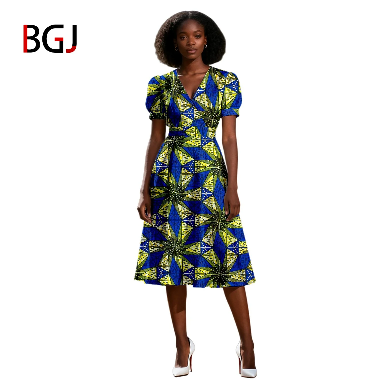 

BGJ Ankara V-neck Short Sleeve Knee-Length Dress African Print Women's Casual Party Dress Dashiki Women Attire