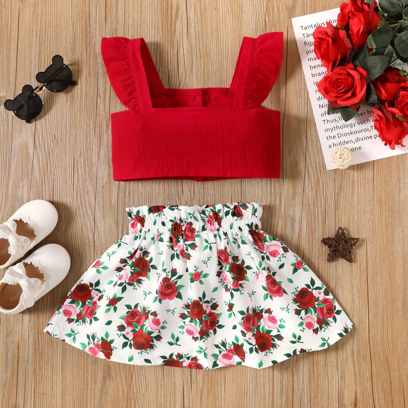 PatPat 2-piece Toddler Girl Ruffled Button Design Red Camisole and Floral Print Paperbag Skirt Set