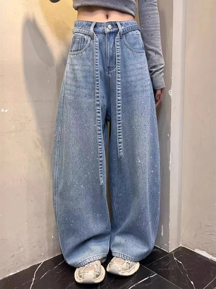

High Waist Wide Leg Jeans Women's Spring 2026 Loose Fit Floor Length Diamond Embellished Straight Cut Denim Pants