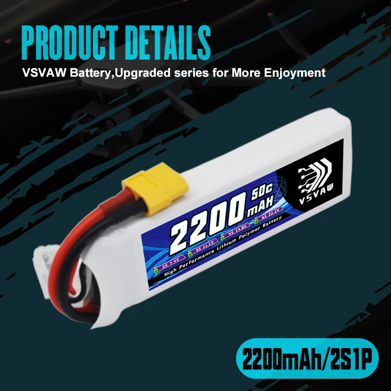VSVAW 7.4V 2200mah 2S Drone Lipo Battery XT60 T Deans XT30 JST RC Parts 50C For FT012 Racing Boat Car Airplane Copter FPV Drone