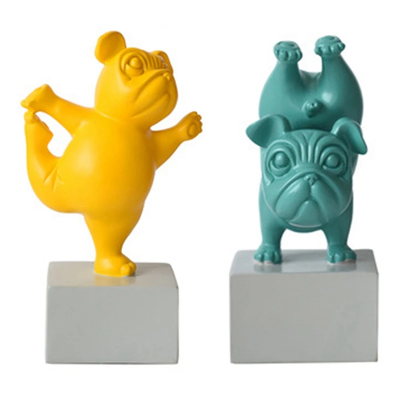 2X Yoga French Bulldog Statue Nordic Cartoon Animals Sculpture Home Living Room Decor Resin Figurines Yellow & Green