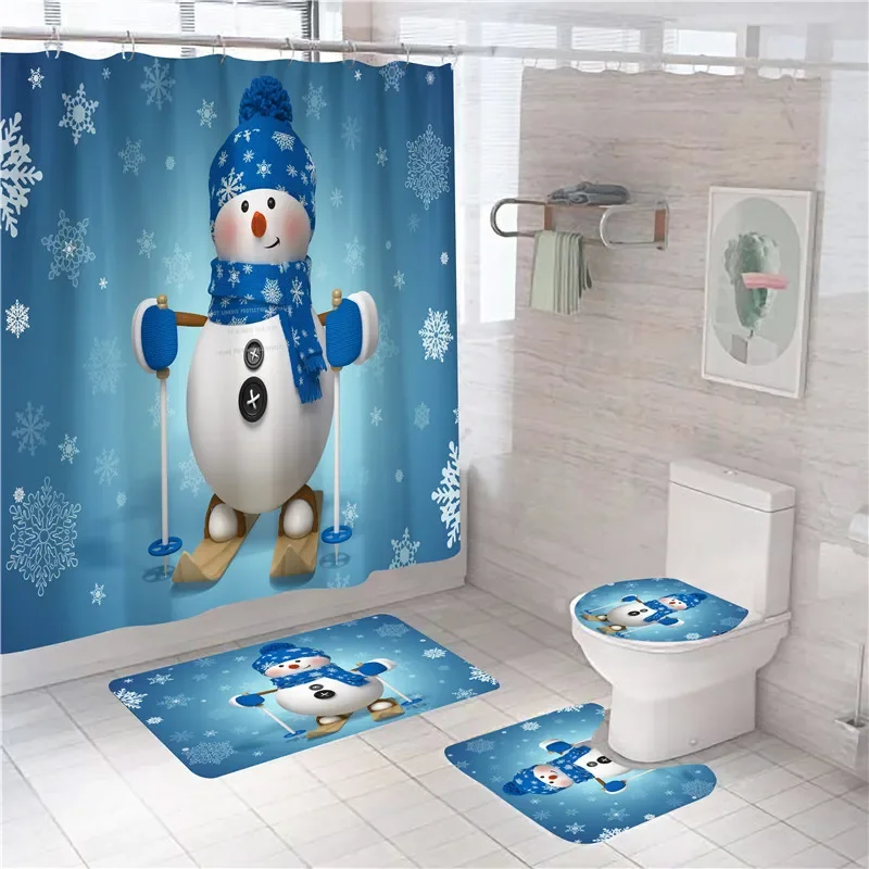 

Blue Cartoon Santa Printed Christmas Shower Curtain Set Bathroom Set Decor Elk Toilet Bath Mat Set Rugs Carpets WC Accessories