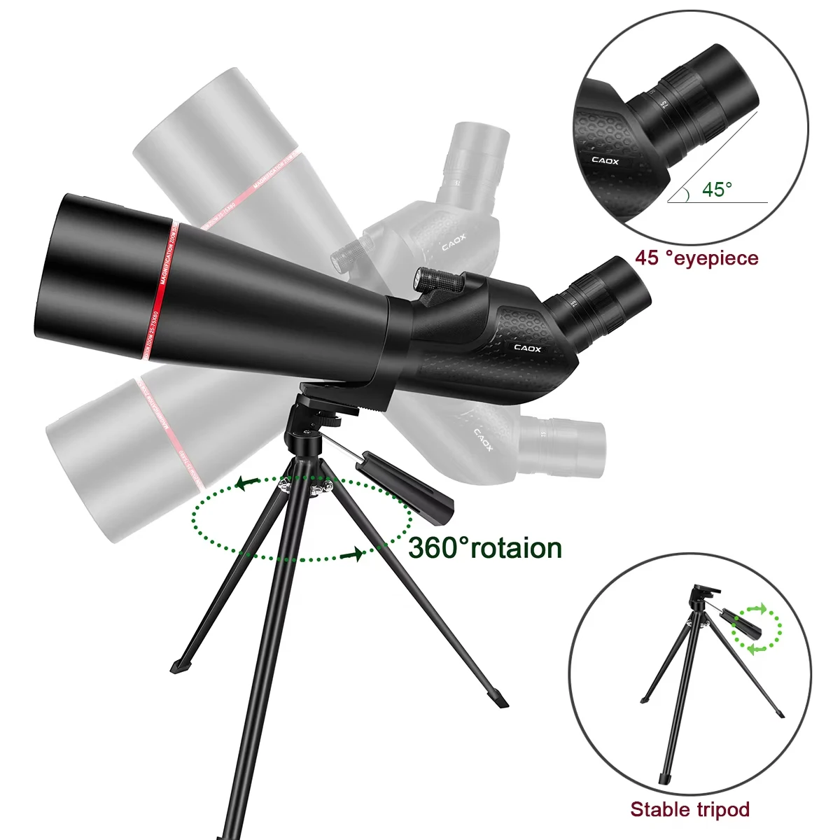 CAOX 25-75x80 Teleskop-Spektiv, leistungsstarkes Zoom-Monokular, BAK4, wasserdicht, für Vogelbeobachtung, Zielschießen, mit Stativ – Detail 4