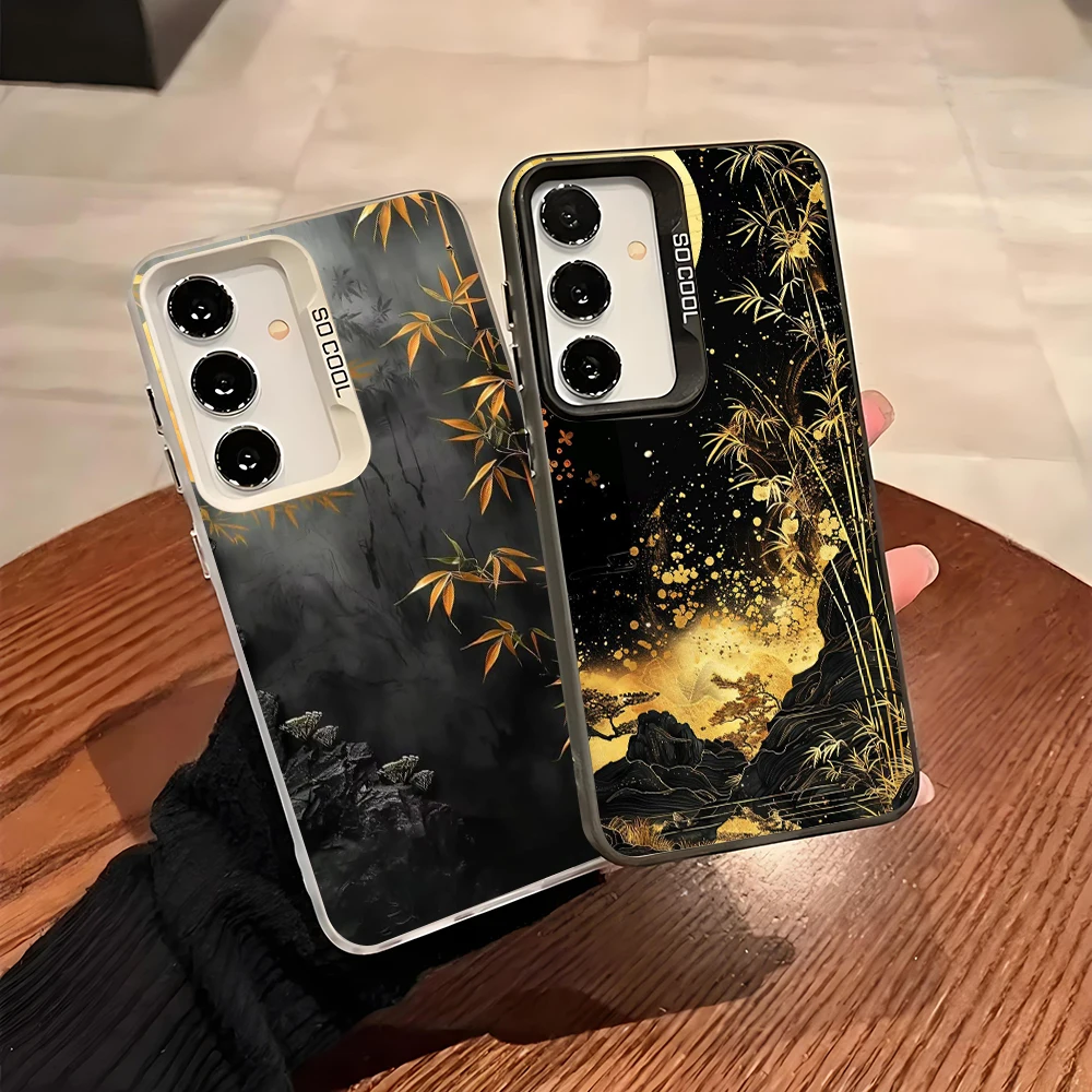 Phone Case for Samsung Galaxy A13 A14 A23 A02S A03 A05 A05S A52 A54 5G Shockproof Grey Silvery Phone Cover Moon, Golden Bamboo