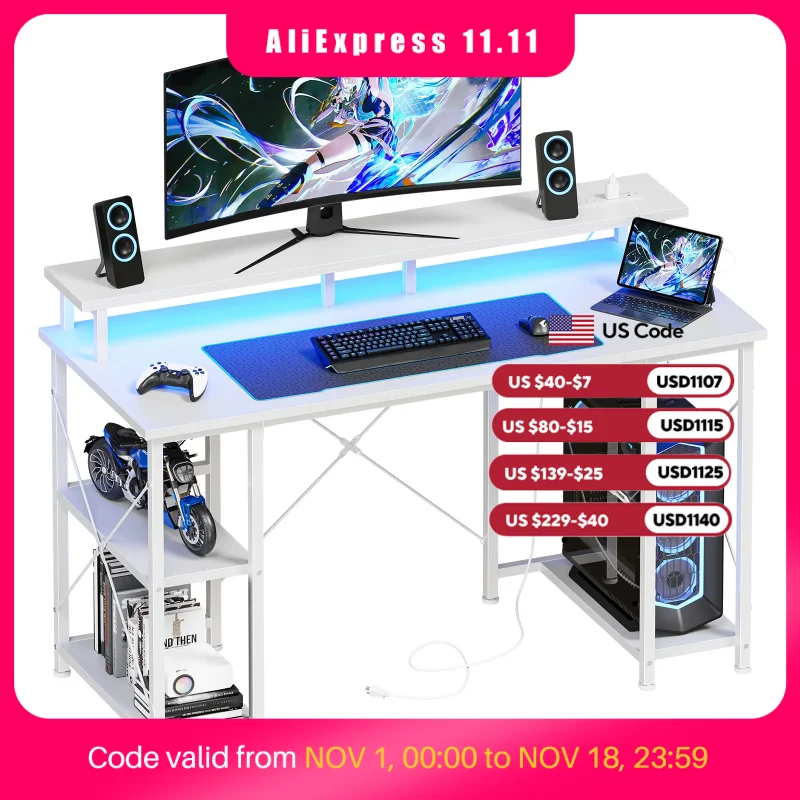 MCQ 47 Inch Standing Office Gaming Desk with LED Lights Ergonomic Reversible Computer Desk with Drawers and Monitor Stand with USB Charging Ports for Home Office Use Workstation