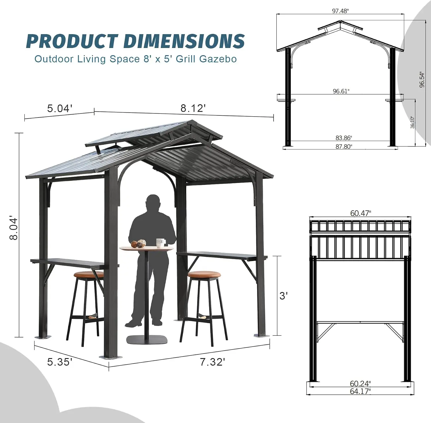 8x5 Grill Gazebo Hardtop All Weather Bbq Gazebo Outdoor Grill 394in Post Double Galvanized Steel Roof Side Shelves Top Ceiling H