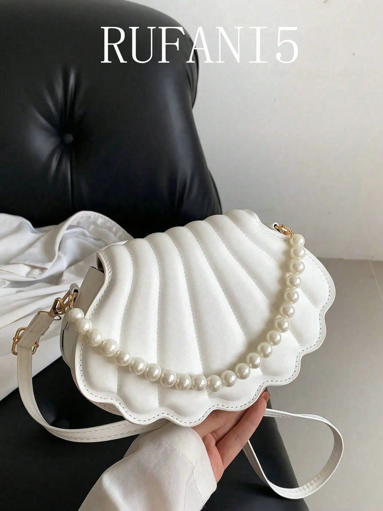 

White Quilted Clamshell Crossbody Bag with Pearl Chain Strap