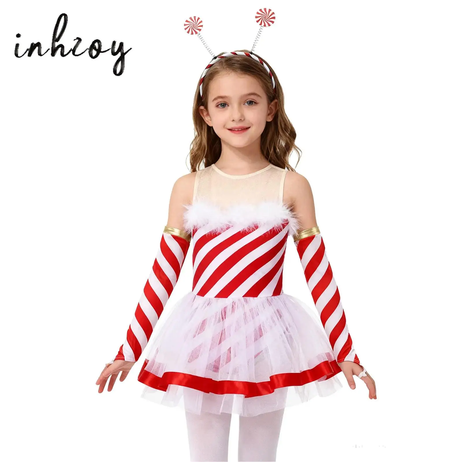 

3Pcs/Set Girls Christmas Dress Sleeveless Stripe Tutu Leotard Dress+Oversleeves+Hair Hoop Headband for Festival Carnival Party