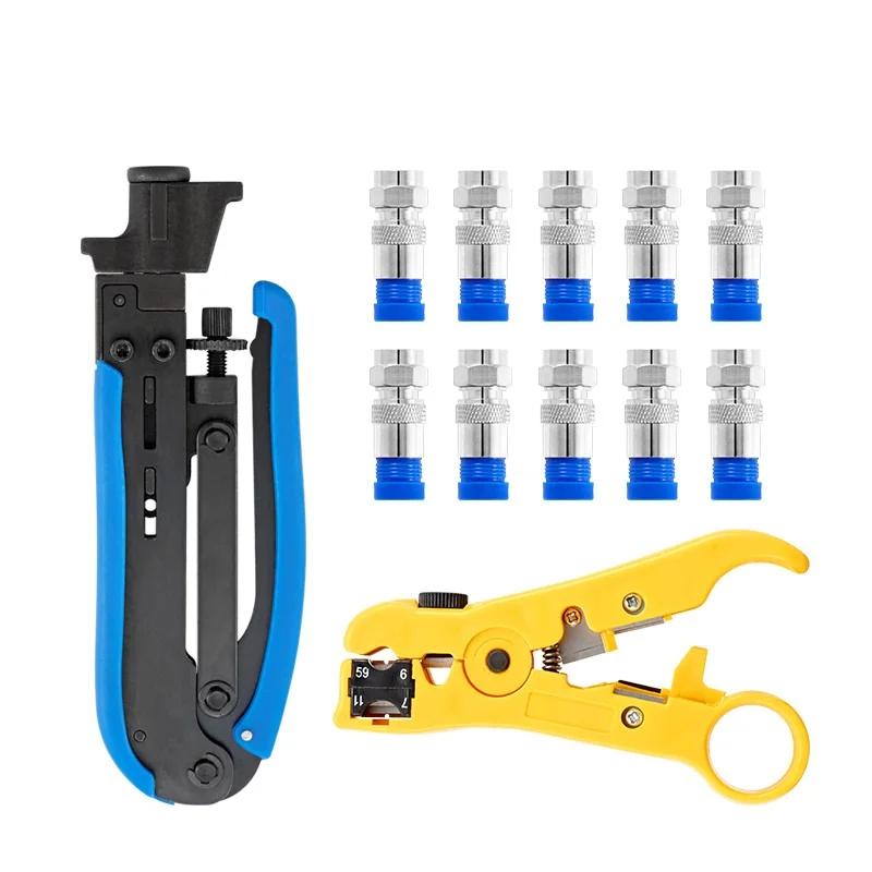 Coaxial Cable Pliers  Wire Stripping Squeezing Pliers Coaxial Cable Cold Press Clamp RG59 RG6 Cable TV Crimping Tool Set F Heads