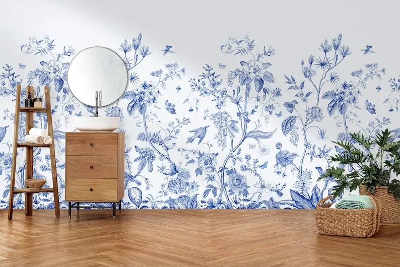 Watercolor Chinoiserie Design Blue Florals Wallpaper, Customizable Wall Mural. Modern Bathroom Toilet Mural, Flowers And Birds W