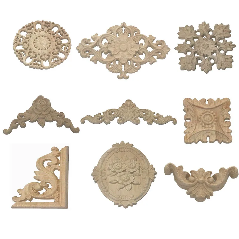 Decorative Wood Appliques for Furniture Cabinet Door Natural Wood Moldings Decals Flower Wood Carving Figurines