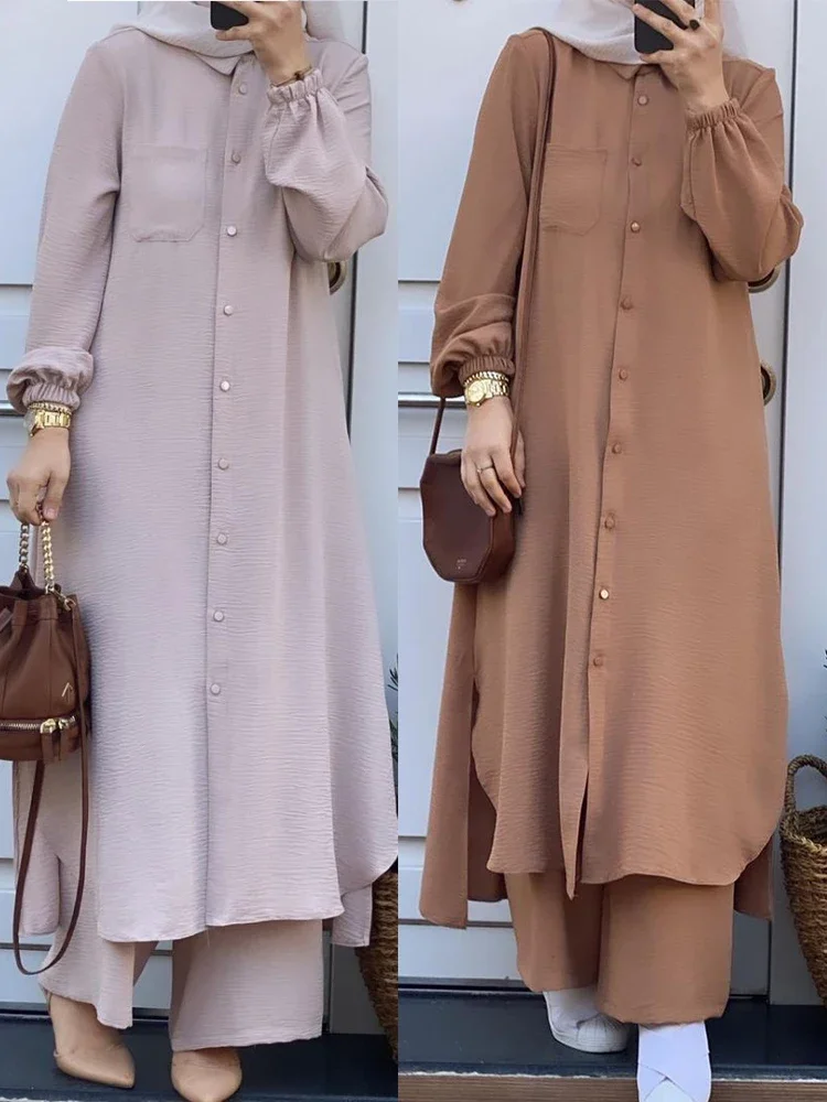 Vestido muçulmano de botão para mulheres, Blusa Abaya, Camisa de manga comprida, Ternos de perna larga, Vestidos árabes, Conjuntos, Conjunto 2 pcs