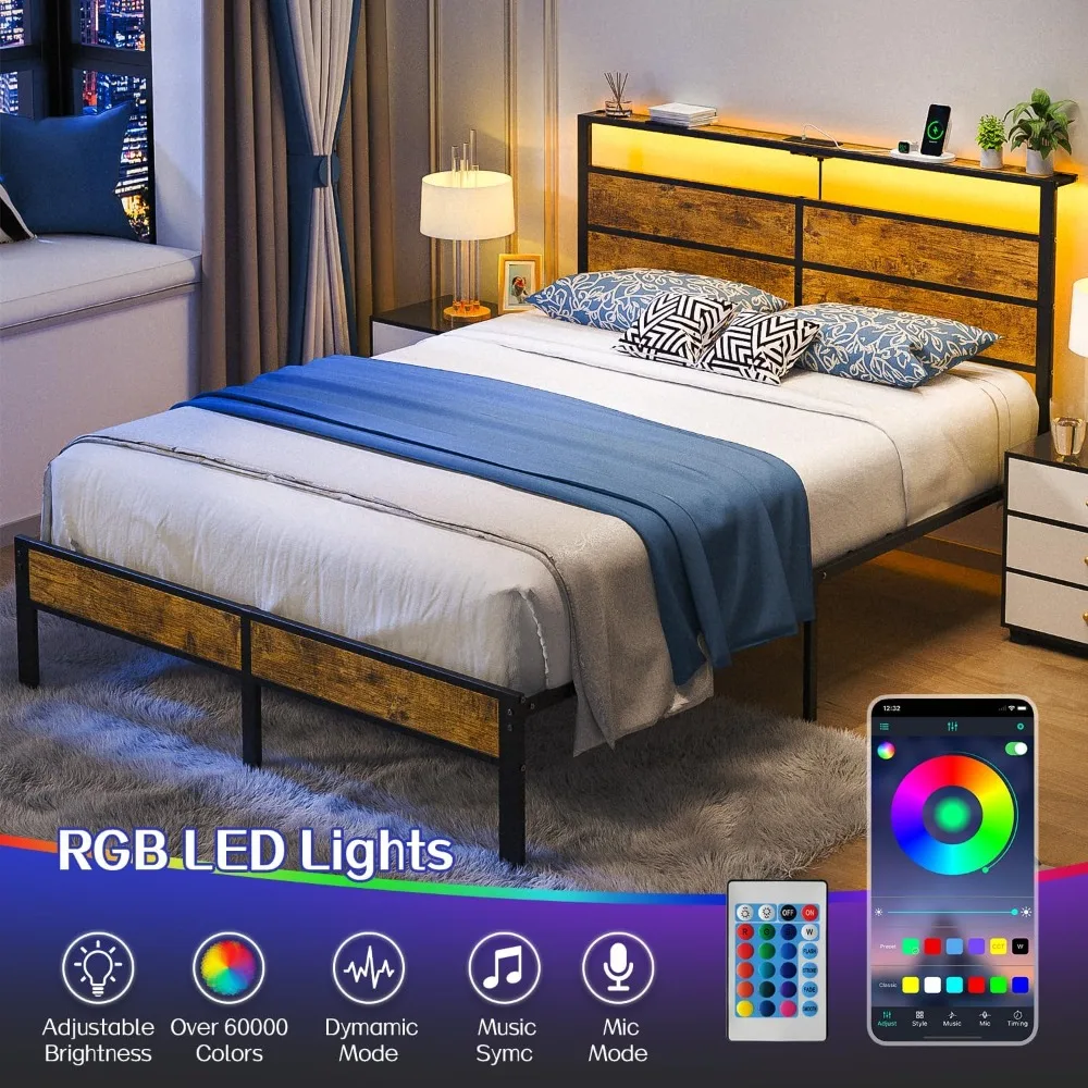 إطار سرير معدني مع منافذ USB، وحدة تخزين اللوح الأمامي، وإضاءة LED، وتصميم صامت، وزنبرك صندوقي غير مطلوب #3