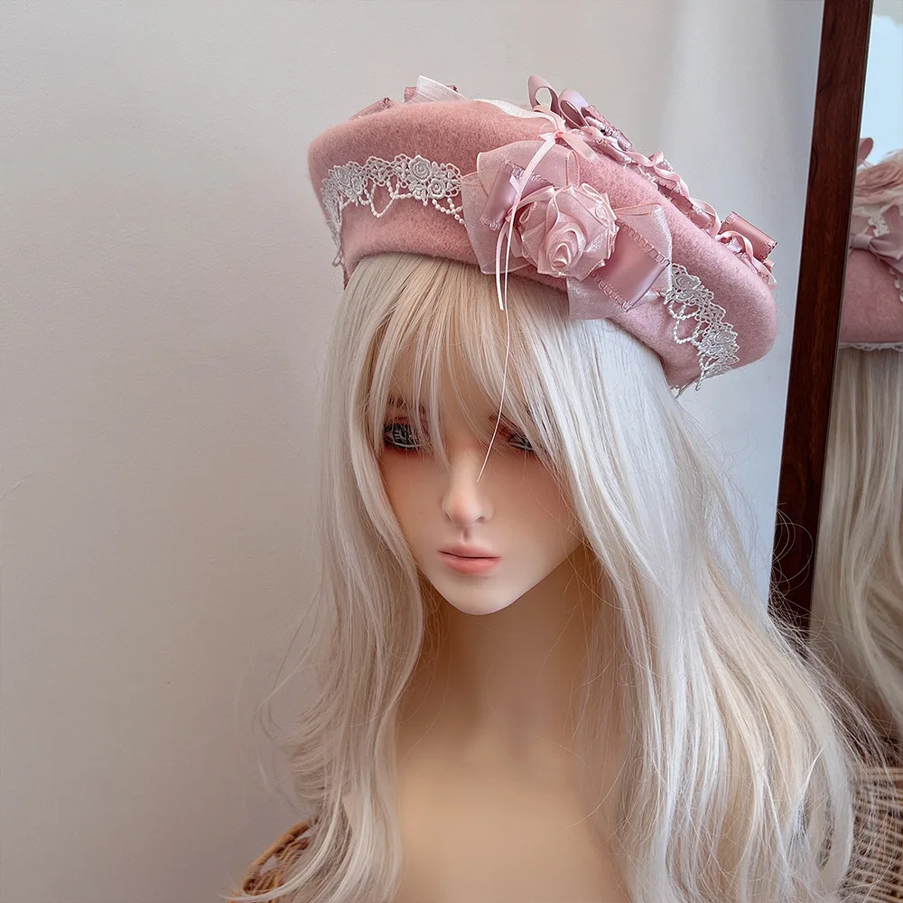 Handmade Camellia Flowers Wool Beret Foreign Style Versatile Face Small Warm Buds Painter Hat Woman