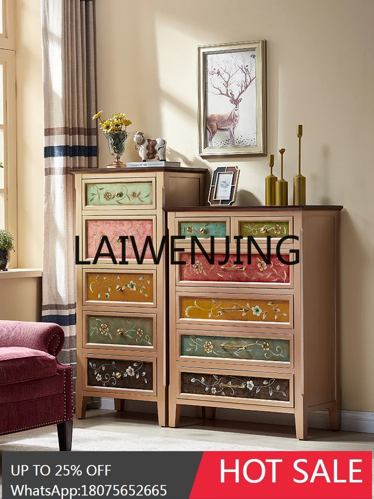 American Painted Chest of Drawers Home Living Room Simple Bedroom Storage Cabinet Retro Hand Painted Decoration