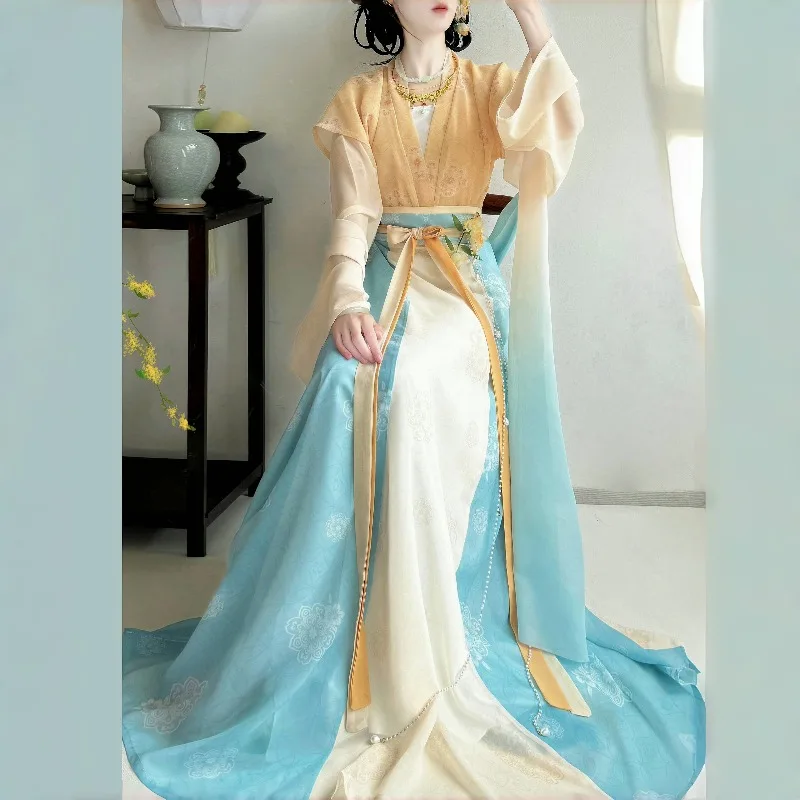 

Tang Bijia Hanfu Women Cardigan Waist High Eight Piece Split Skirt 5Pcs Set Spring Summer Daily Costume