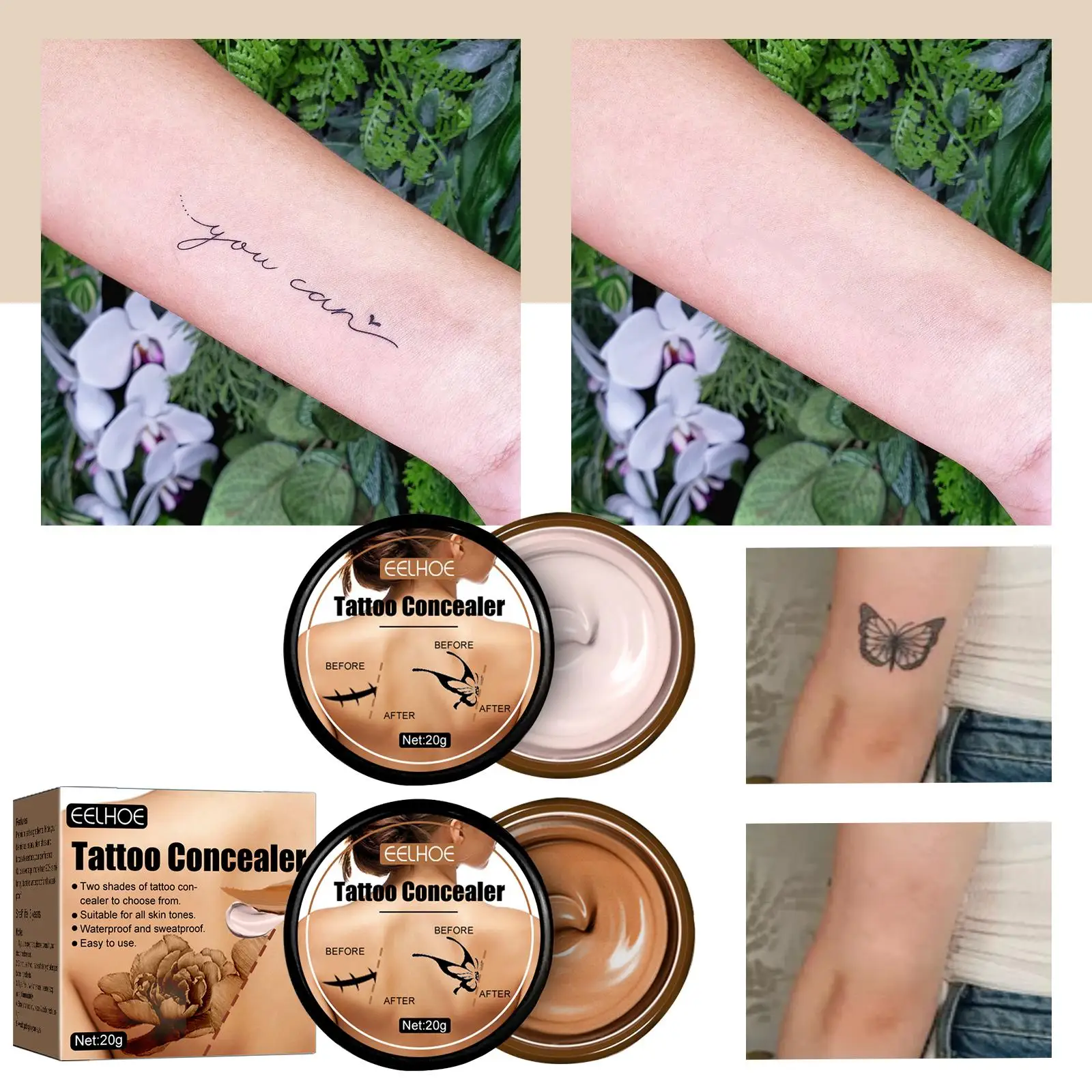 EELHOE Waterproof Tattoo Concealer Cover Scar Makeup Brighten Foundation Cream Freckle Birthmarks Concealer Body Coverage Cream