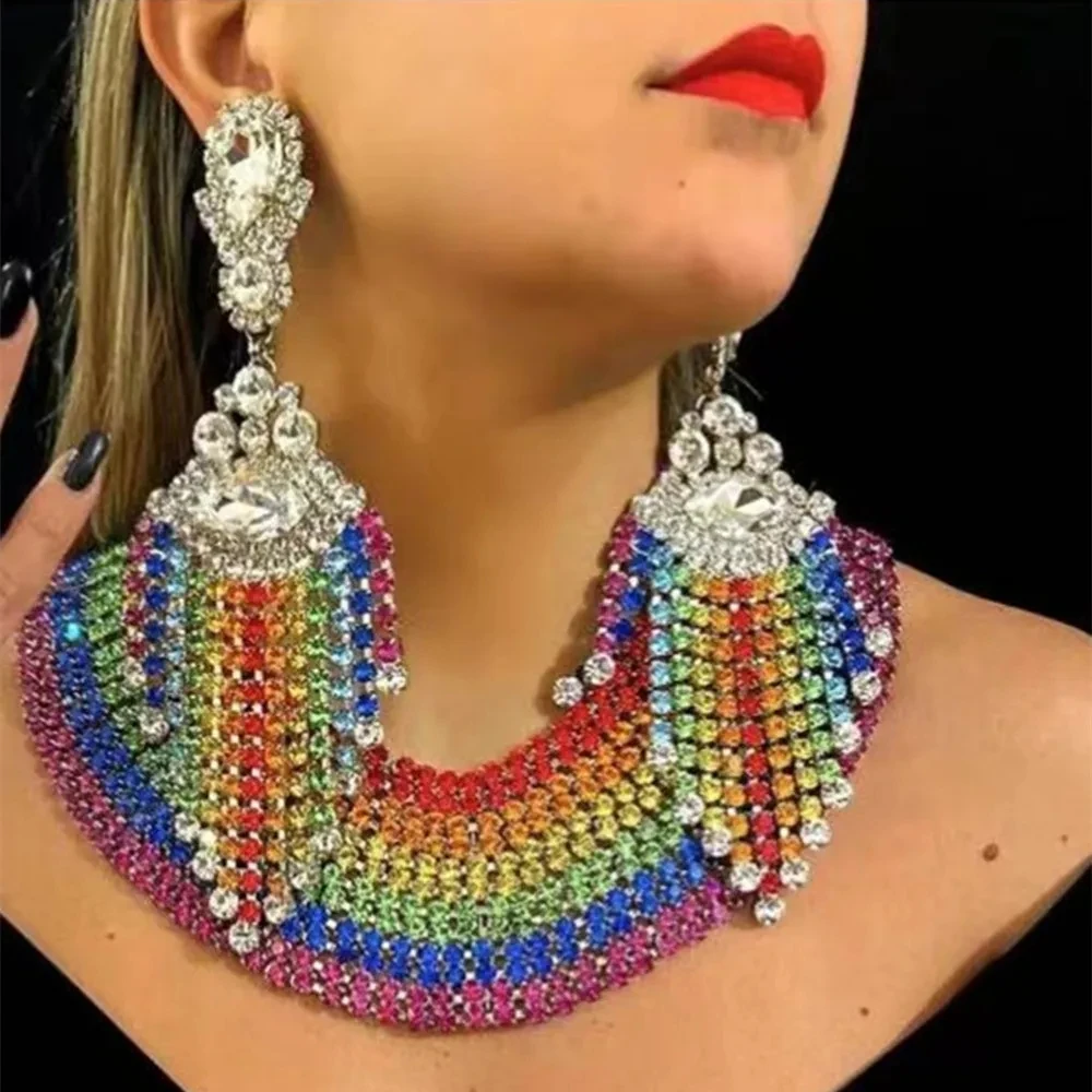 Boho Rhinestone Rainbow Geometric Fringed Dangle Earrings Drag Queen Crystal Colorful Long Tassel Drop Earrings Wedding Jewelry
